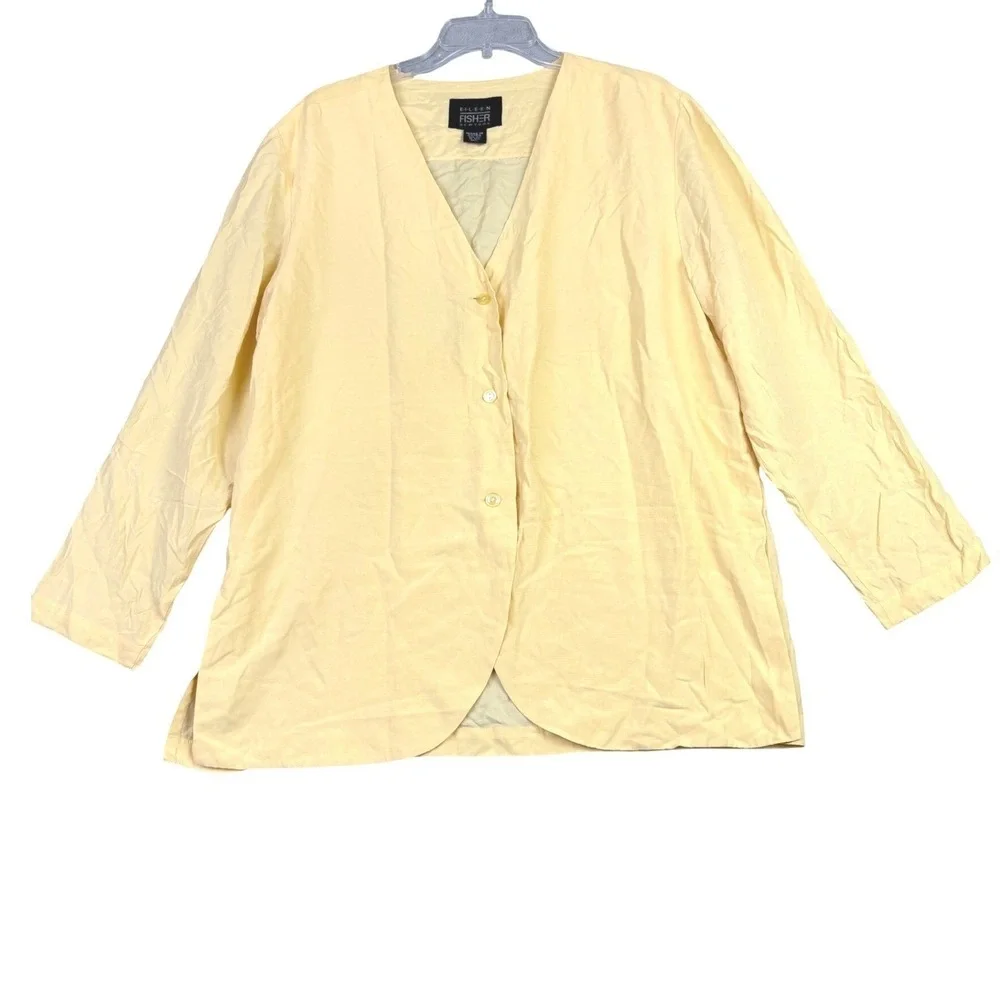 Eileen Fisher M L Yellow‎ Silk Button Front Blouse Tunic Long Sleeve Minimalist
